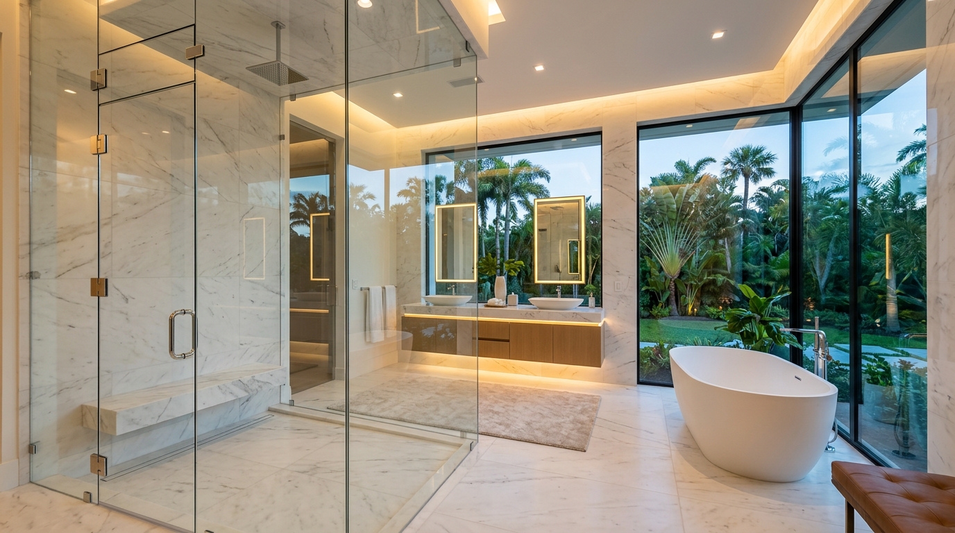 Luxury custom frameless glass shower enclosure by LGS Glass in Orlando FL